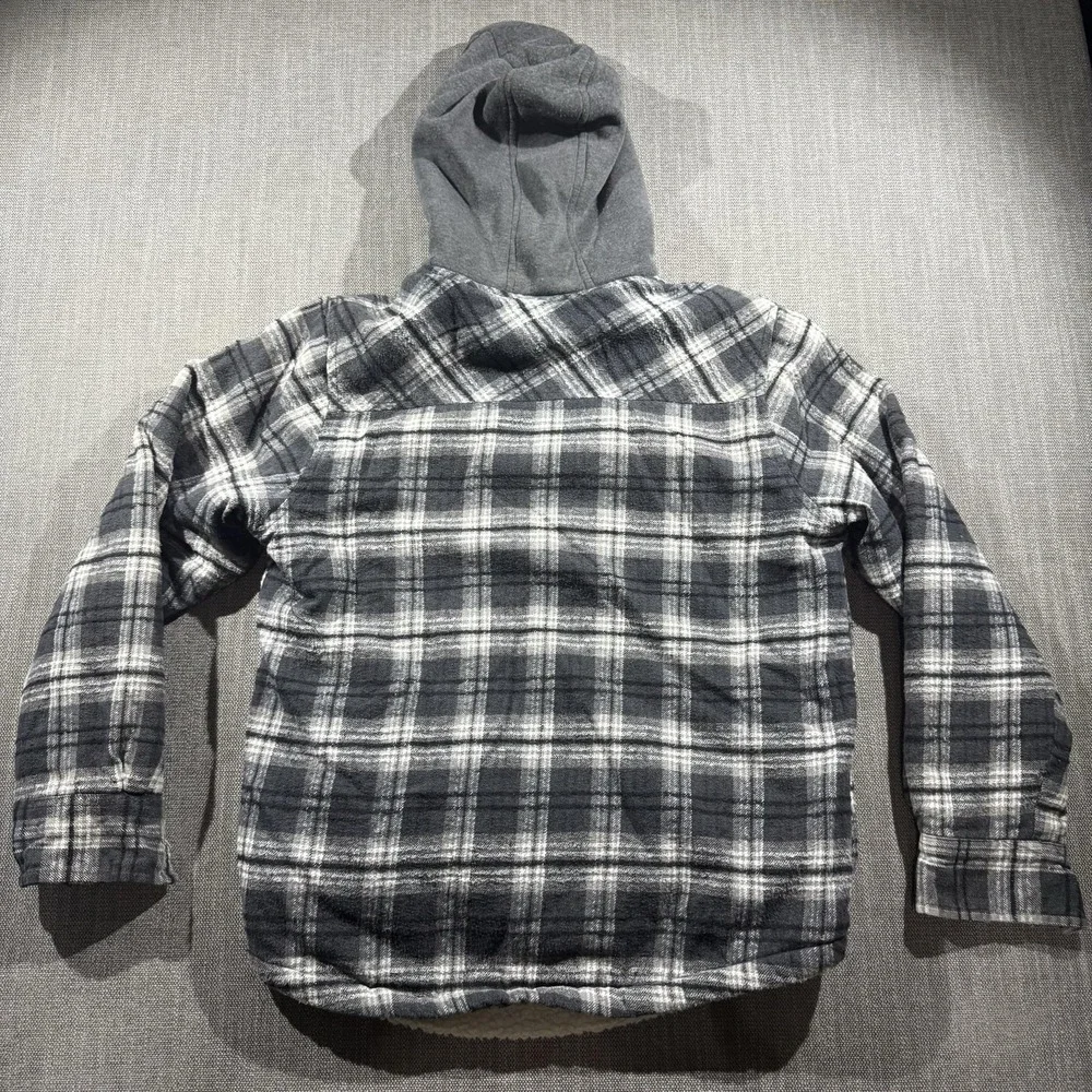 Southpole Jacket Youth Medium Gray Plaid Hooded Flannel Sherpa Lined Winter